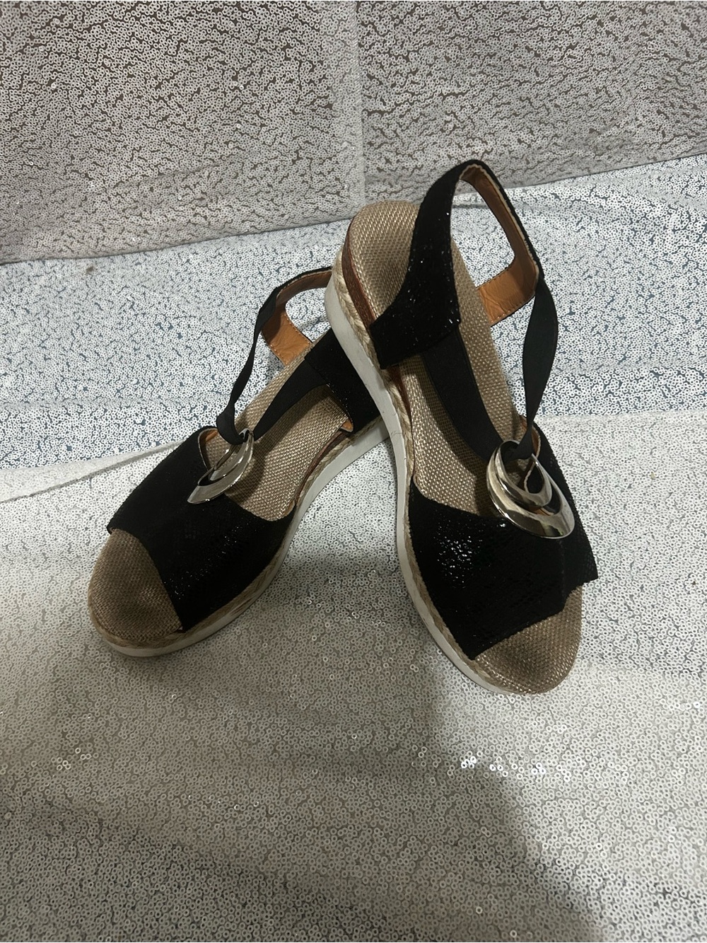 Black Women’s Slingback Wedge Sandals with Silver Accent